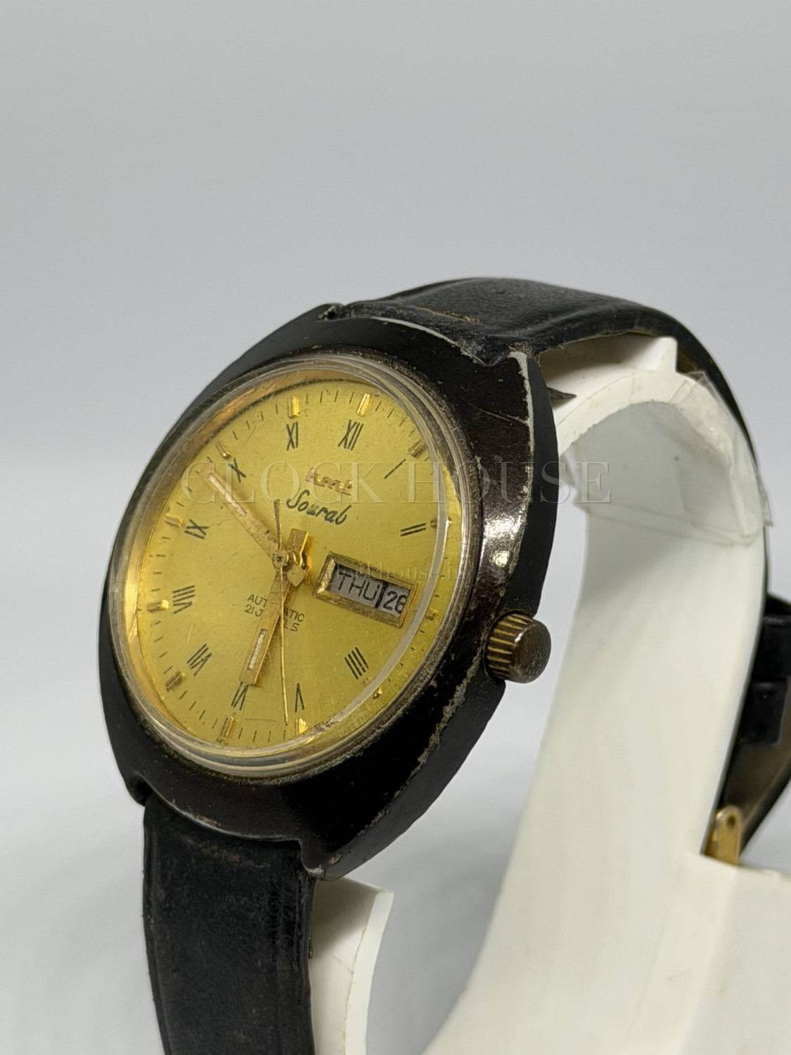 HMT Sourab Automatic Day-Date at a three-quarter angle showing case and crown