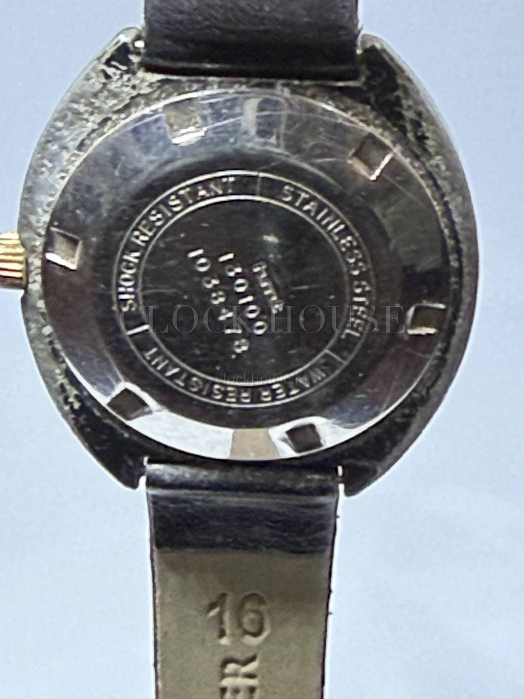 HMT Sourab caseback markings: shock resistant, stainless steel, water resistant, serial 130100